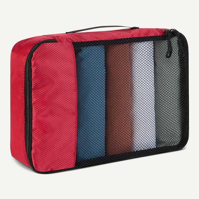 Amazon Essentials 4-Piece Packing Cubes Travel Accessories Set, Luggage Organizer with Double Zipper, Mesh Top, 100% Polyester, 2 Medium/2 Large, Red (Previously Amazon Basics)