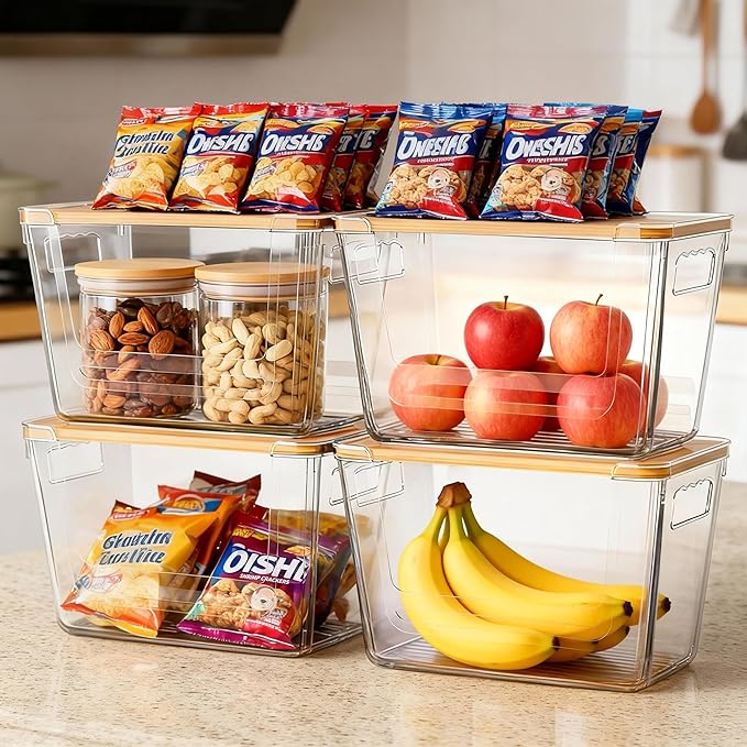 2 Pack Multi-Function Storage Boxes with Bamboo Lids, Trash Bag Organizer, Suitable for Organizing Kitchen, Cabinets, Under Sink, Laundry Room and Pantry (Clear, 2 Pack)