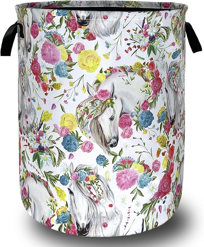 Beautiful Horse Laundry Basket Colorful Floral Animal Laundry Hamper Foldable Oxford Cloth Funny Tote Bag Clothes Toy Storage Bucket For Bathroom/Laundry Storage/Bedroom 18.9 x 16.5 Inch
