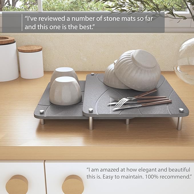 Large Stone Drying Mat for Kitchen Counter | 15.8” x 11.8” Dish Drying Mat Large | Diatomaceous Earth Collapsible Stone Dish Drying Mat | Collapsible Stone Mat for Kitchen Counter (Dark Gray)