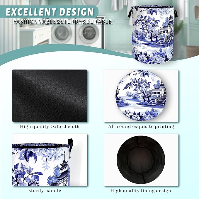 Blue White Porcelain Laundry Basket Chinoiserie Funny Laundry Hamper Foldable Oxford Cloth Colorful Tote Bag Clothes Toy Storage Bucket 18.9"x16.5" For Bathroom/Laundry Storage/Bedroom