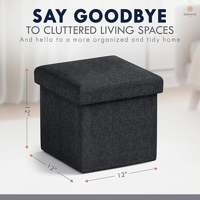 Ornavo Home Small Storage Ottoman Foldable Collapsible Cube Square Linen Ottoman Foot Rest Stool Seat, for Living Room, Bedroom, Home Office, Dorm - 12 x 12 x 12, Black