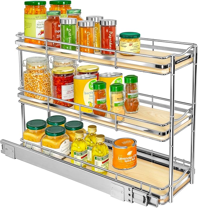 LYNK PROFESSIONAL® Élite™ Pull Out Spice Rack Organizer for Inside Kitchen Cabinets - 6" x 21" - Slide Out Drawer – Wood/Chrome Sliding Spice Organization for cabinet - Spice Racks - 6 Tier