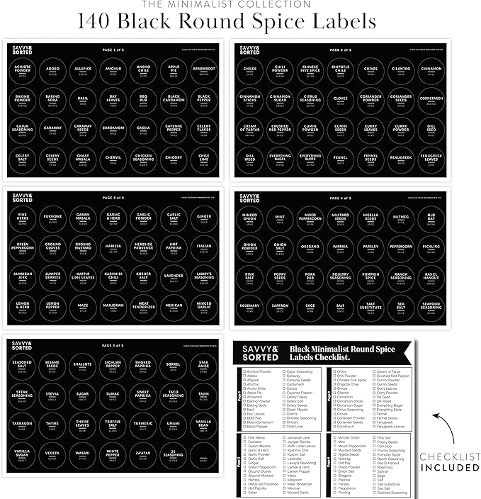 SAVVY & SORTED Spice Labels, 140 Round Waterproof Kitchen Labels for Spice Jars, Spice Organization, Herb Seasoning Pantry Labels, Spice Rack