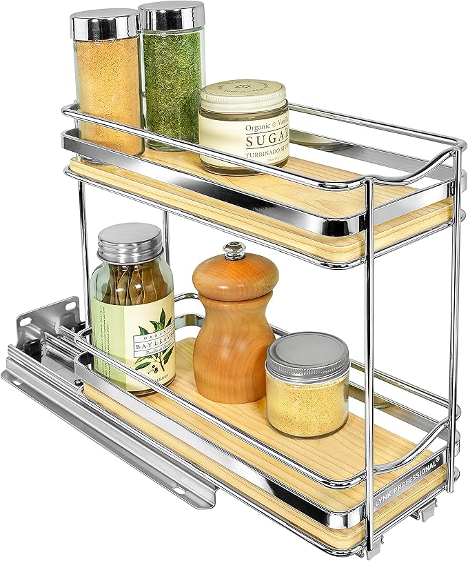 LYNK PROFESSIONAL® Élite™ Pull Out Spice Rack Organizer for Inside Kitchen Cabinets - 4-3/8 inch Wide - Slide Out Drawer – Wood/Chrome Sliding Spice Organization for cabinet - Spice Racks - 2 Tier