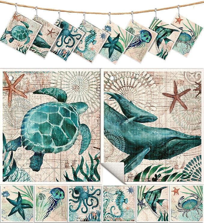 8 Pack Reusable Kitchen Swedish Dishcloths for Washing Dishes Absorbent Fast Drying Cleaning Sponge Cloths Cute Design Decorate Washable Swedish Towels, Blue Sea