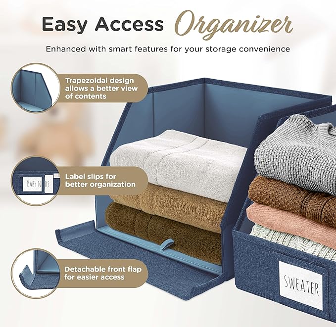 VIVIDECOR Trapezoid Storage Bins – 12x12x10 Fabric Storage Baskets, Collapsible Easy-Access Organiser Boxes for Baby Clothes, Kids Room Organizer – Navy Blue, 3 Pack