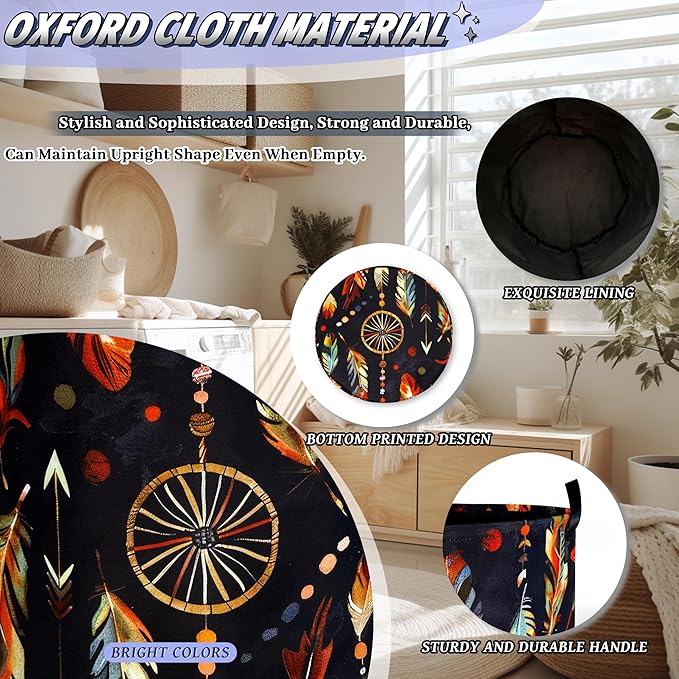 Boho Feather Printed Laundry Basket Foldable Oxford Cloth Colorful Laundry Hamper With Handle Portable Clothes Storage Organizer Basket 18.9 X 16.5 Inch Storage Bag For Laundry Room/Bathroom/Bedroom