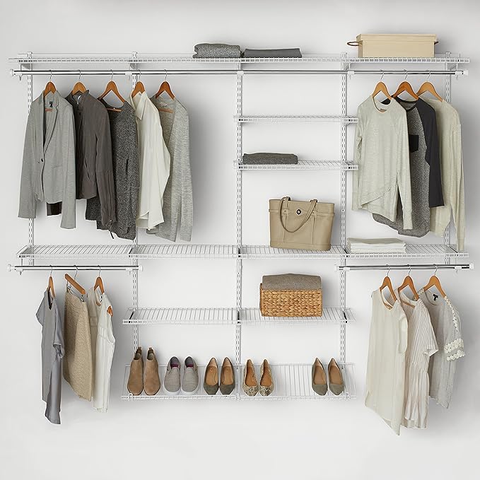 Rubbermaid Configurations Closet Shelves & Hanging Kit (2) 26" Shelves White Custom Pantry Organizer and Storage/Clothes Rack for Home/Laundry/Bathroom/Mudroom/Pantry/Linen Closet