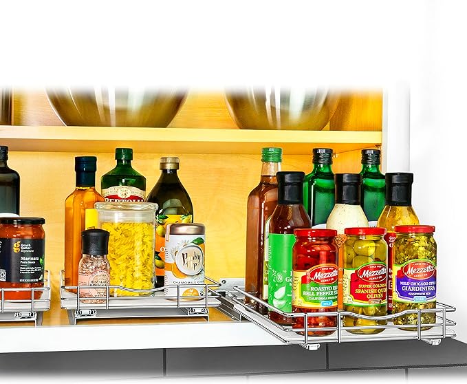 LYNK PROFESSIONAL® Pull Out Spice Rack Organizer for Inside Kitchen Cabinets - 10-3/8 inch Wide - Slide Out Drawer – Chrome Sliding Spice Organization for cabinet - Spice Racks - 1 Tier