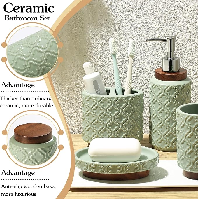 Bathroom Accessories Set Green 6 Pieces Toothbrush Holder Soap Dispenser Ceramic Bathroom Accessory Set Contain Toothbrush Cup Soap Dish Tumbler