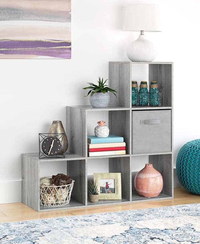 Whitmor 6 Cubes Bookshelf, Freestanding 6 Cube Stepped Etagere Bookcase, L Shaped Ladder Corner Open Bookshelf, Wood Storage Display Shelf for Living Room Home Office, 11.7"L x 35.6"W x 35.6"H, Gray