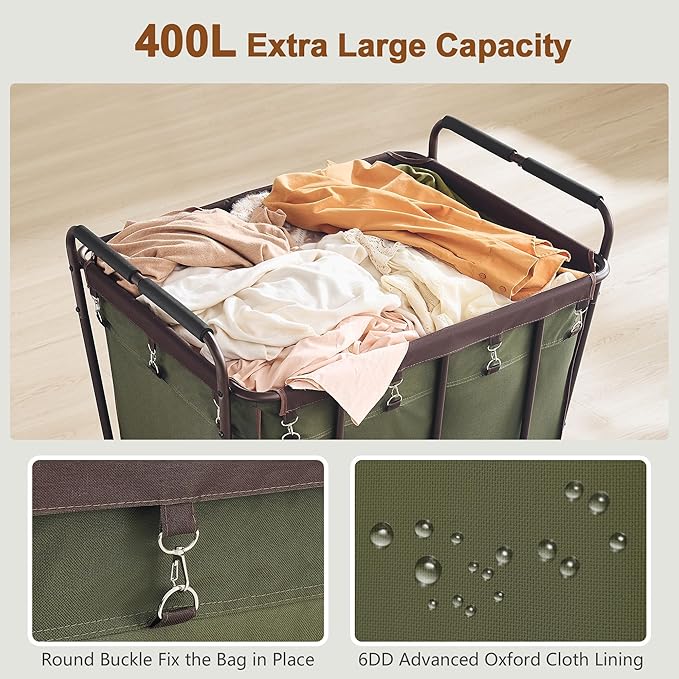 Hoctieon Large Laundry Cart with Wheels, 400L Heavy Duty Laundry Basket Organizer, Rolling Hamper Sorter for Clothes Storage, Industrial Dirty Clothes Hamper for Home & Hotel, Green+Brown