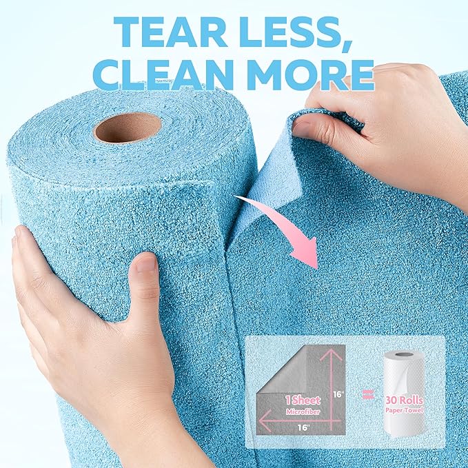 Fantasticlean XL Tear-Away Microfiber Cleaning Cloth Roll, 16'' by 16''- 36 Sheets, Thick & Large Detailing Towels, Ultra Absorbent, Lint-Free Reusable Wipes for All-Around Cleaning (Glossy Blue)