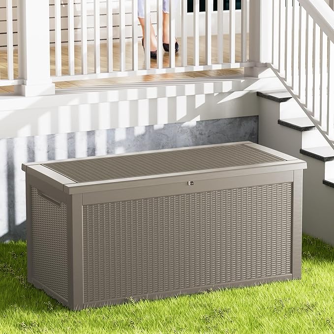 Outdoor Storage Box Waterproof, 320 Gallon Lockable Resin Deck Box Large, Patio Storage Bin for Pool Accessories Cushion Furniture, Garden Tools, UV-Resistant Outside Delivery Grey