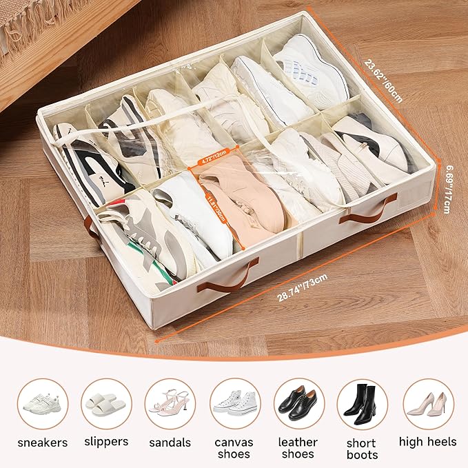 Under Bed Shoe Storage with Wheels 2 Pack, Holds 12 to 24 Pairs, Sturdy Shoe Organizer with Clear Lid, Zippers and 3 Handles, Foldable Fabric Shoe Organizer for Closet