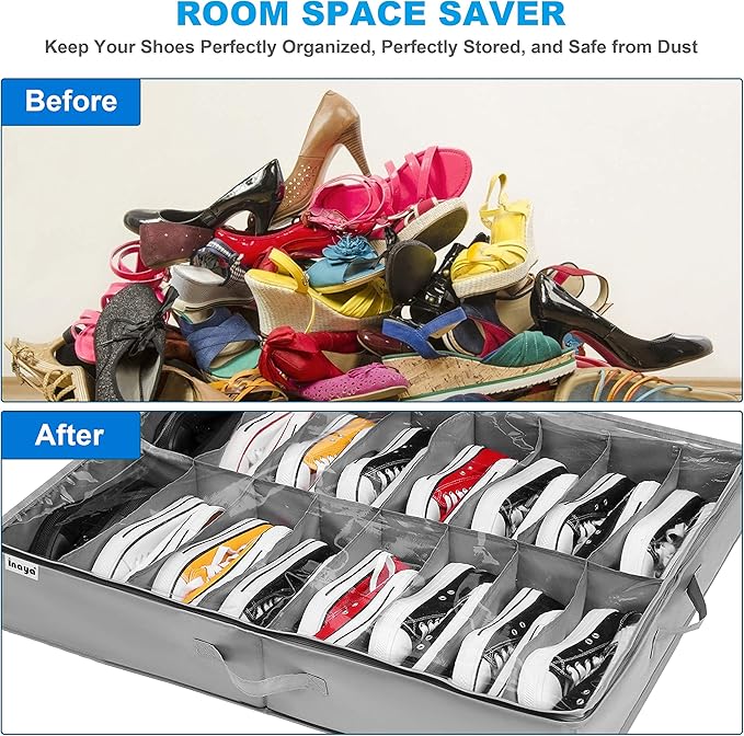 Under Bed Shoe Storage Organizer Set of 2, Fits 16+4 Pairs Boots Total, Underbed Shoe Box Storage Containers w/ Reinforced Handles, Clear Foldable Shoes Organizer Adjustable Dividers w/ Bottom Support