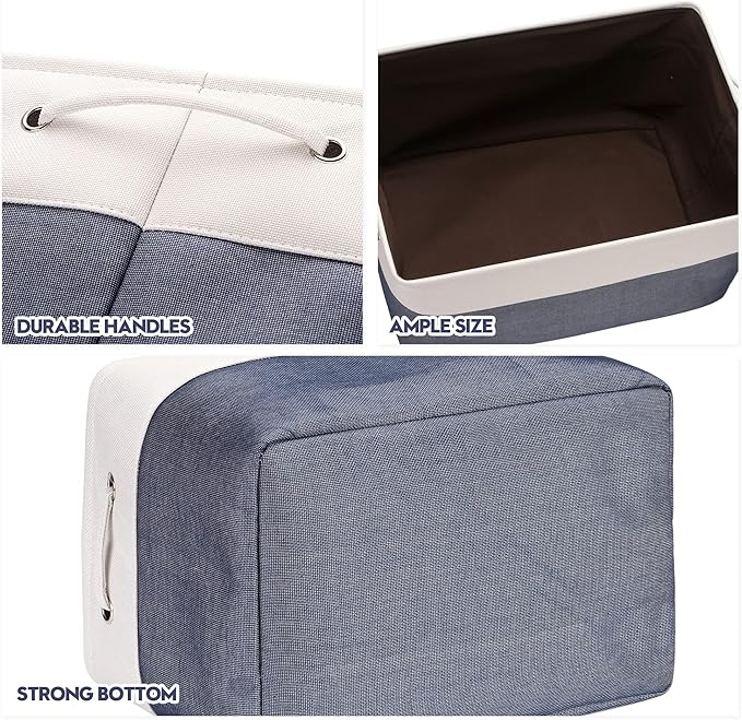 Sea Team 3-Pack Extra Large Storage Basket Set, Trunk Organizer, Clothes Toys Bin, 22 x 15 x 13 Inches, Rectangular Canvas Fabric Collapsible Shelf Box with Handles for Kids Room (Denim/White)