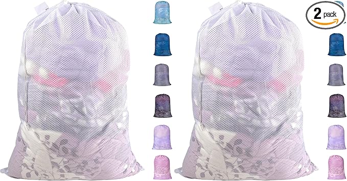 Polecasa Extra Heavy Duty Large Diamond Mesh Laundry Bags with Drawstring Closure & ID Tag, 24 x 36 inches Washable Storage Bag for College, Travel, Sports, Dorms, White (Pack of 2)