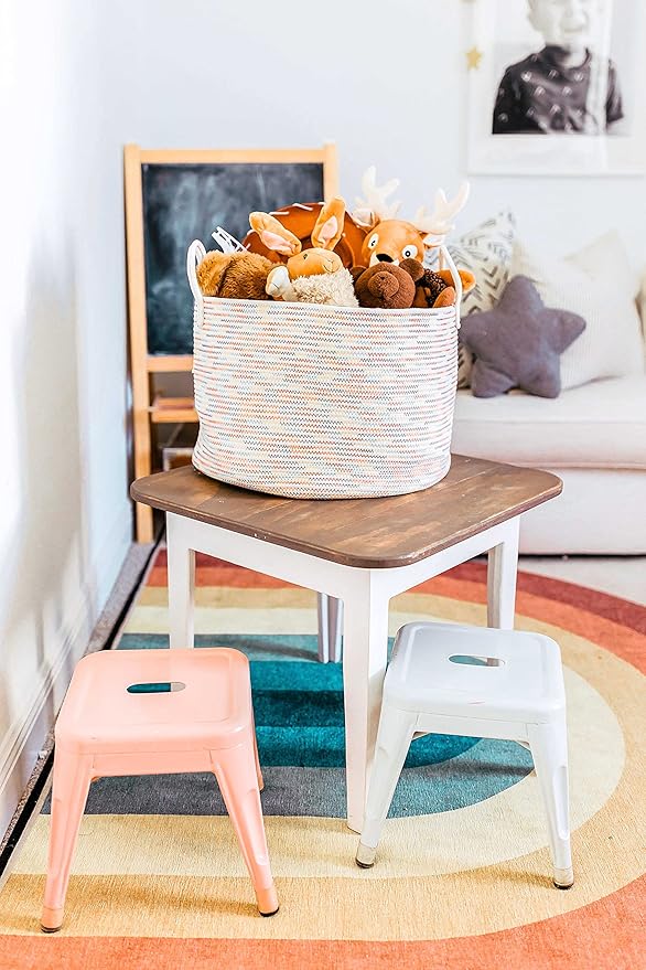 OrganiHaus Large Woven Storage Basket for Blankets and Toys 20" x 13" Inch, Rope Laundry Basket with Handles, Cushions & Pillows Storage Bin, Nursery Hamper, Soft Round Dog Toy Bin - Rainbow Stitches