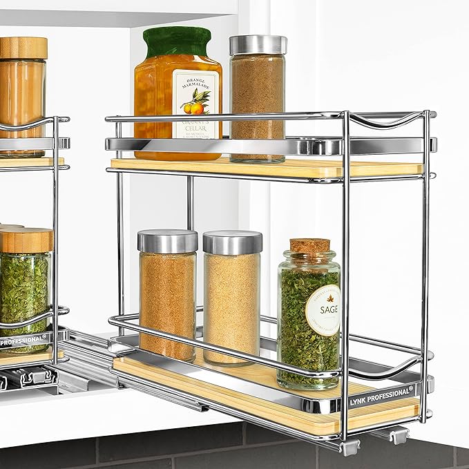 LYNK PROFESSIONAL® Élite™ Pull Out Spice Rack Organizer for Inside Kitchen Cabinets - 4-3/8 inch Wide - Slide Out Drawer – Wood/Chrome Sliding Spice Organization for cabinet - Spice Racks - 2 Tier