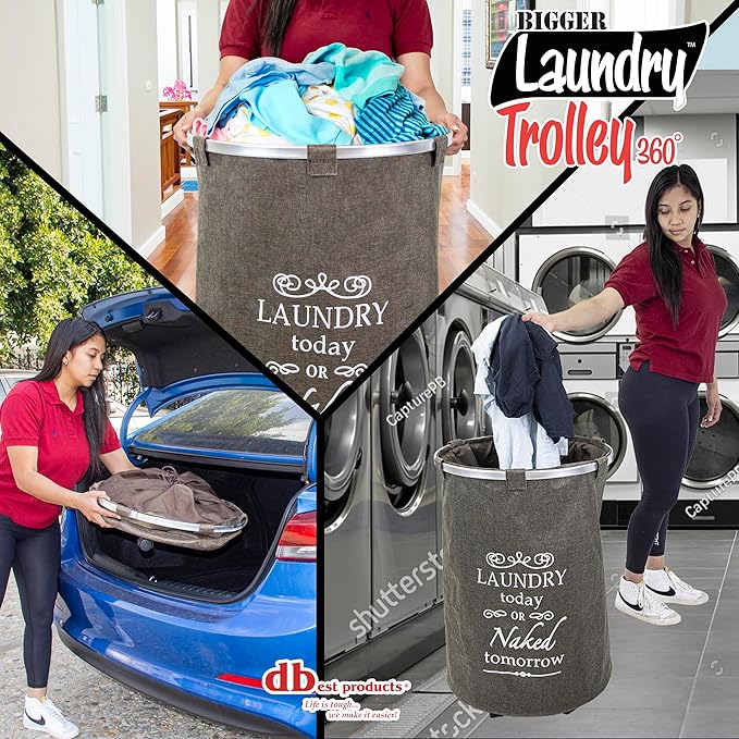 dbest products Bigger Laundry Trolley 360 Rolling Hamper Basket on wheels Bag Cart Large Capacity with Removable Liner for Dirty Clothes Drawstring Cover 4 Swivels, Brown