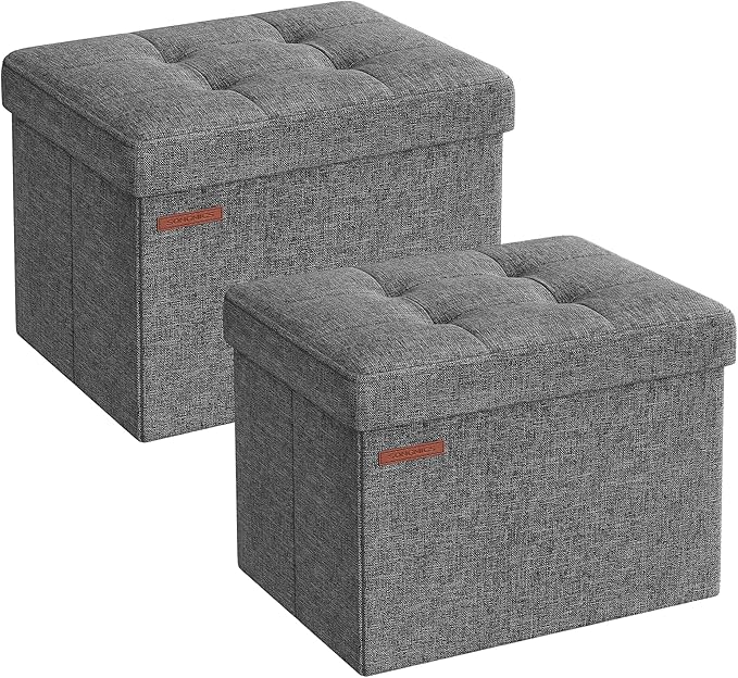 SONGMICS Small Folding Storage Ottoman, Set of 2, Foot Rest Stool, Cube Footrest, 12.2 x 16.1 x 12.2 Inches, 286 lb Load Capacity, for Living Room, Bedroom, Home Office, Dorm, Dark Gray ULSF102G21