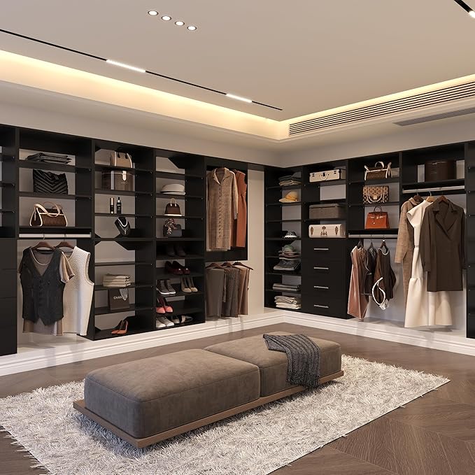 Modular Closet System, 40" Wide Closet Organizer System with Hanging, Wood Tower Closet Storage for Walk In Closets, Wall Mounted Wardrobe Organizer Kit System, Bedroom, Black