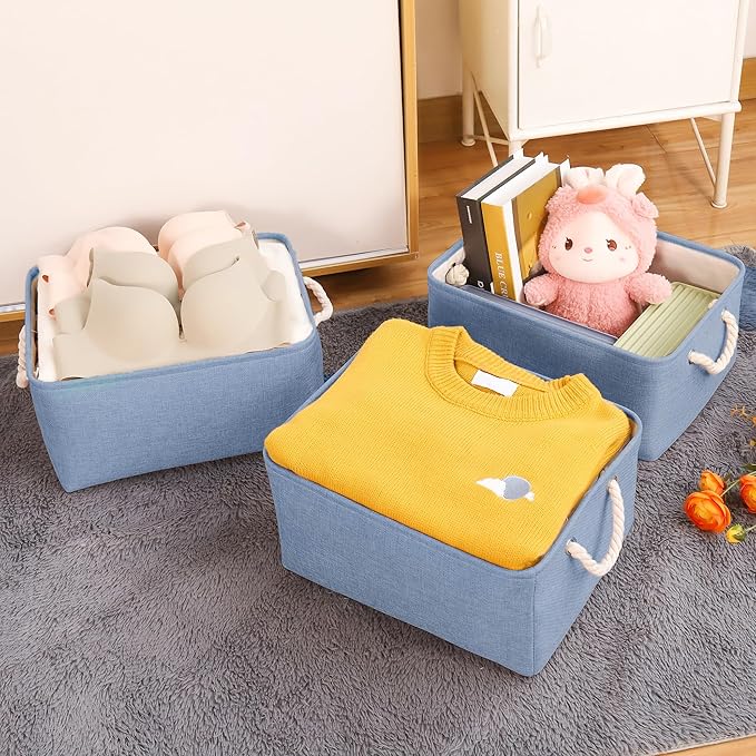 Storage Bins with Sturdy Cotton Handles(3 Pack), Fabric Storage Baskets for Organizing use for Office & Home, Book, Clothes, Toys, Closet Boxes (Medium, Blue, 14.2x10.2x7.1 inches)