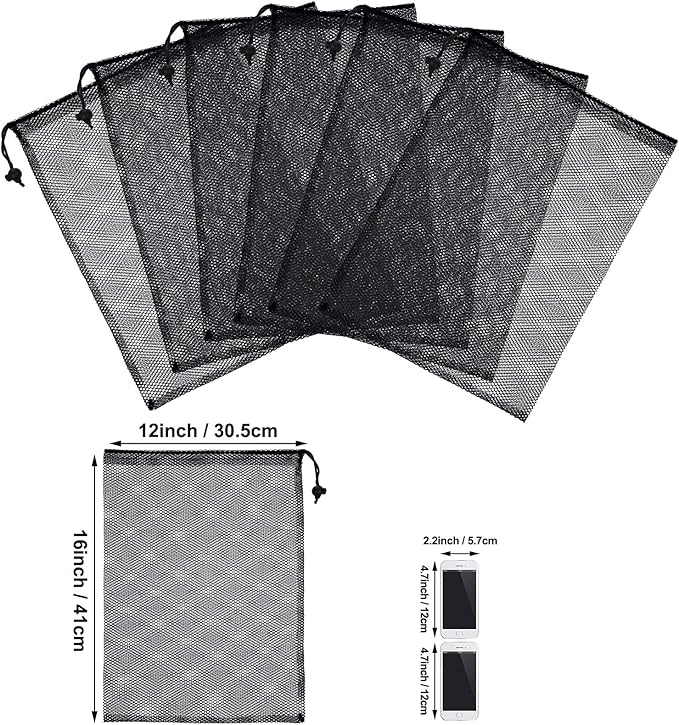 TecUnite 10 Pcs Mesh Bags Drawstring Laundry Bags Large Nylon Mesh Gift Dishwasher Bag with Sliding Drawstring for Kitchen Jewelry Gifts Wedding Favor Home(12 x 16 Inch,Black)