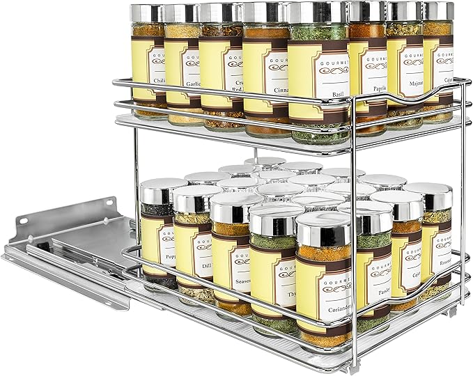 LYNK PROFESSIONAL® Pull Out Spice Rack Organizer for Inside Kitchen Cabinets - 8-3/8 inch Wide - Slide Out Drawer – Chrome Sliding Spice Organization for cabinet - Spice Racks - 2 Tier
