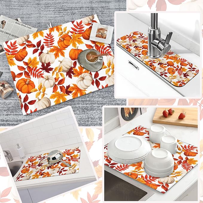 3Pcs Watercolor Pumpkin Dish Drying Mat & Kitchen Sink Splash Guard Faucet Mat For Kitchen Counter Absorbent Microfiber Dishes Pad Dish Drainer Rack Mats Fast Dry Kitchen Accessories