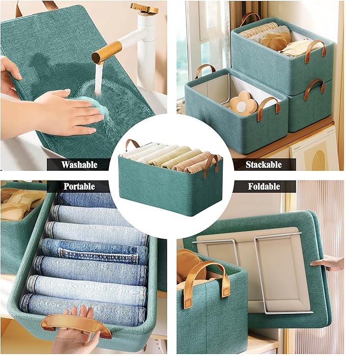 AARAINBOW 4 Pcs Closet Clothes Organizer with Handle, Fabric storage Box with Steel Frame Stackable Shelf Storage Baskets Foldable Storage Baskets for Organizing Clothes Jeans, 23L (4 Green)