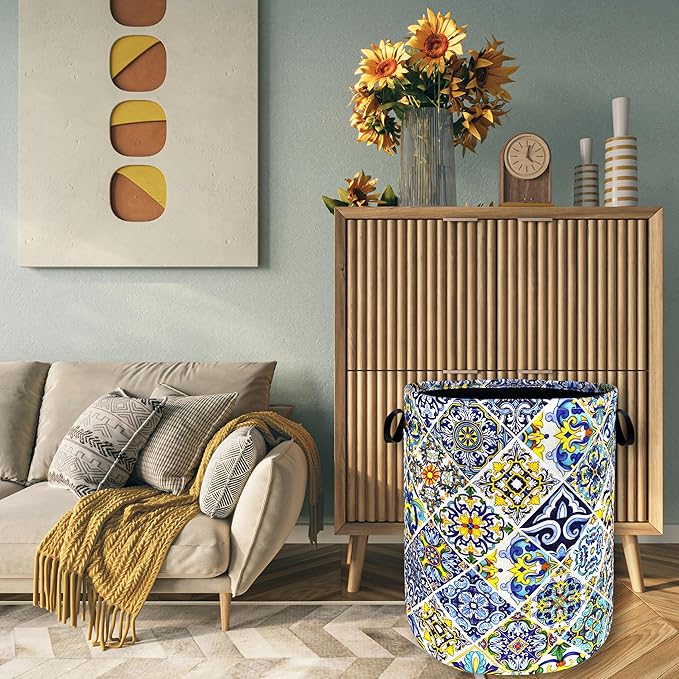 Mexican Tiles Laundry Basket Blue Green Boho Print Funny Laundry Hamper Foldable Oxford Cloth Colorful Tote Bag Clothes Toy Storage Bucket 18.9"x16.5"For Bathroom/Laundry Storage/Bedroom