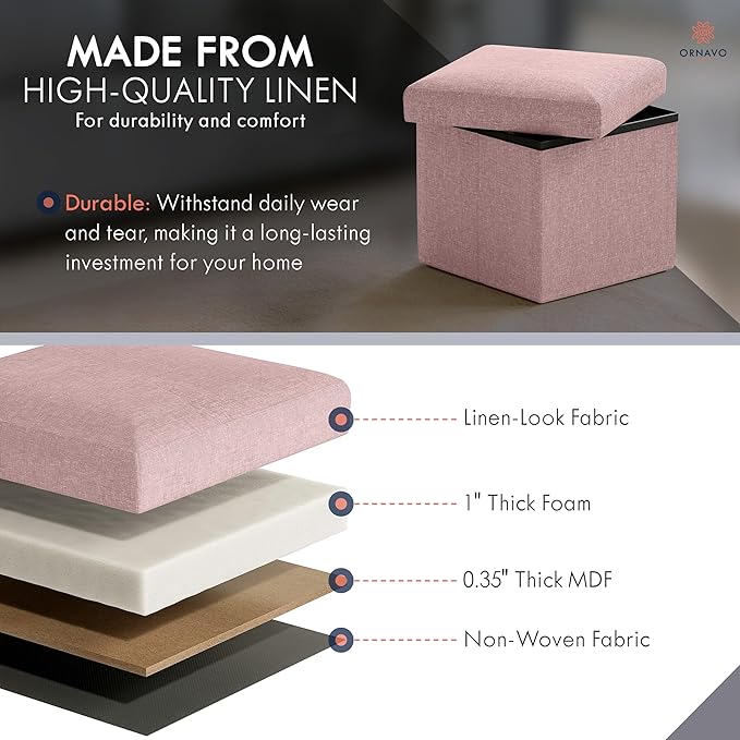 Ornavo Home Small Storage Ottoman, Set of 2 Foldable Collapsible Cube Square Linen Ottoman Foot Rest Stool Seat, for Living Room, Bedroom, Home Office, Dorm - 12 x 12 x 12, Pink