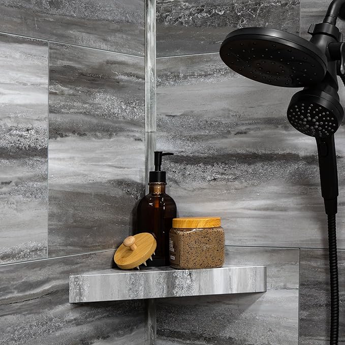 Palisade Vinyl Waterproof Corner Shower Shelf in Hermitage Granite/Urban Cliff