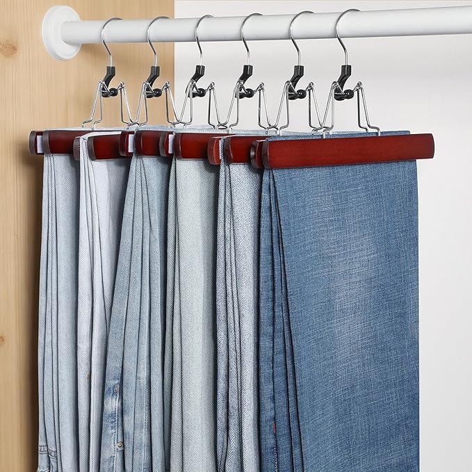 TOPIA HANGER 12 Pack Wooden Pants Hangers, Hair Extension Hangers Non Slip Skirt Hanger Wood Clamp with Velvet Padded 360° Swivel Hook for Jeans, Skirts, Trousers, Wigs Cherry CT67M