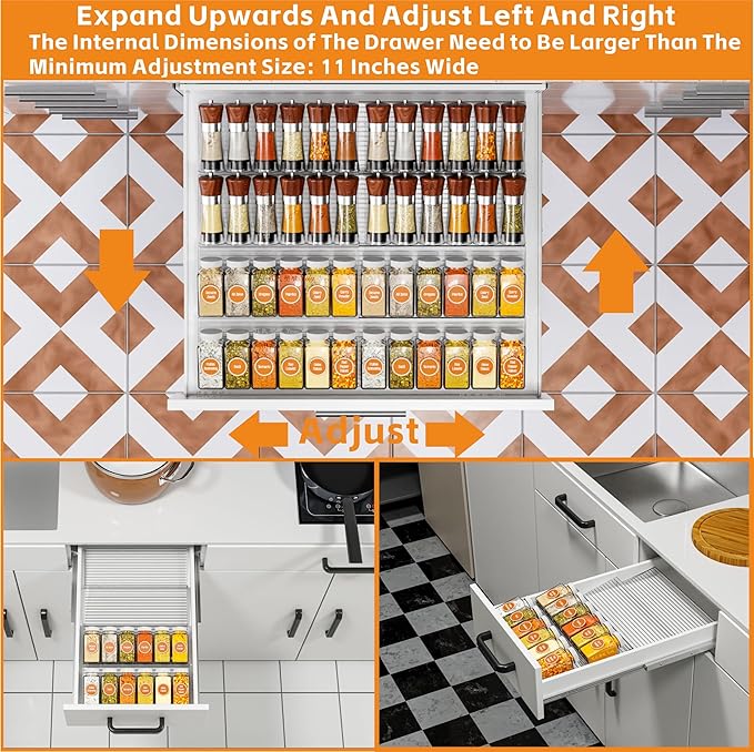 Yieach 8 Pack Adjustable In Drawer Spice Organizer - Expandable From 11'' to 22'' - Acrylic Drawer Seasoning Organizer,Clear Spice Organization Tray for Cabinet Drawers Condiment,Nail Polish and Jar
