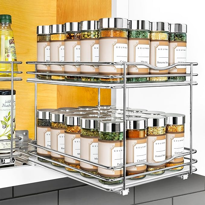 LYNK PROFESSIONAL® Pull Out Spice Rack Organizer for Inside Kitchen Cabinets - 8-3/8 inch Wide - Slide Out Drawer – Chrome Sliding Spice Organization for cabinet - Spice Racks - 2 Tier