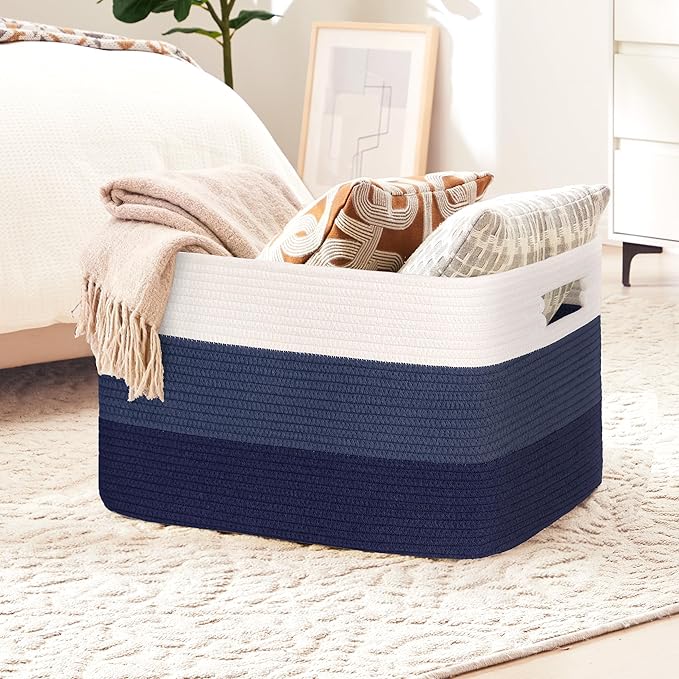 60L Laundry Basket with Leather Handles for Living Room Storage, Woven Rope Baskets Bin for Blanket, Kids Toy, Gifts, Wicker Hamper for Bedroom Dirty Clothes,Gradient Blue
