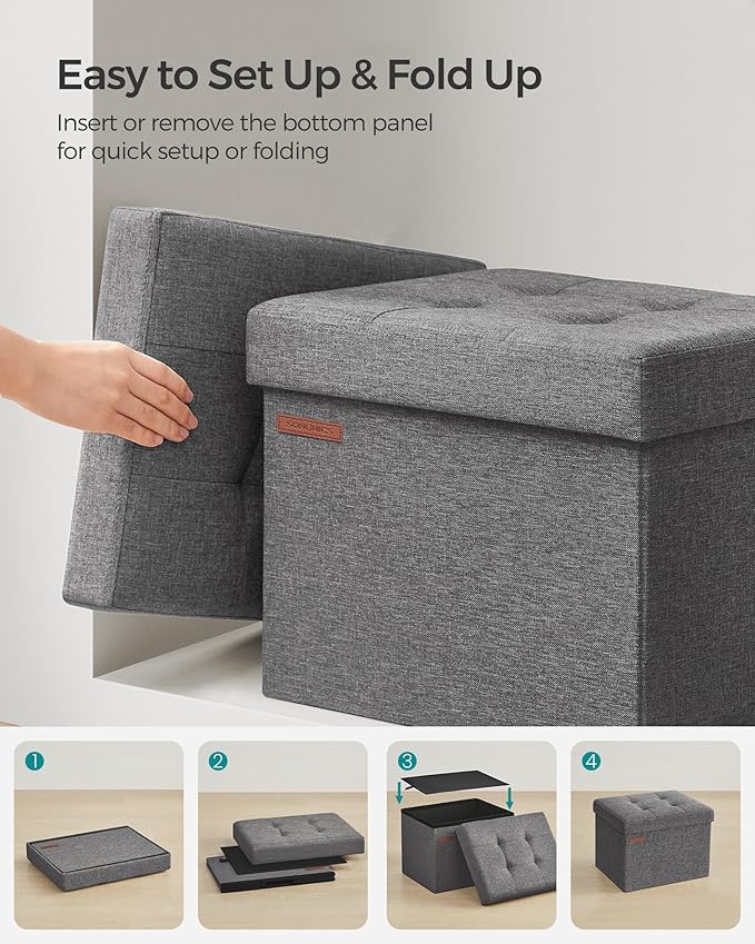 SONGMICS Small Folding Storage Ottoman, Set of 2, Foot Rest Stool, Cube Footrest, 12.2 x 16.1 x 12.2 Inches, 286 lb Load Capacity, for Living Room, Bedroom, Home Office, Dorm, Dark Gray ULSF102G21