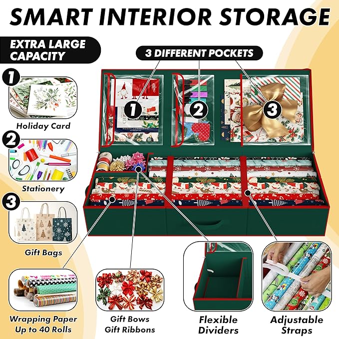 Simple Houseware 41.5" Wrapping Paper Storage Organizer - Fits 40 Rolls with Adjustable Straps, Interior Divider for Ribbons & Bows, 3 Clear Pockets for Gift Bags & Tools, 41.5''L x 16''W, Green