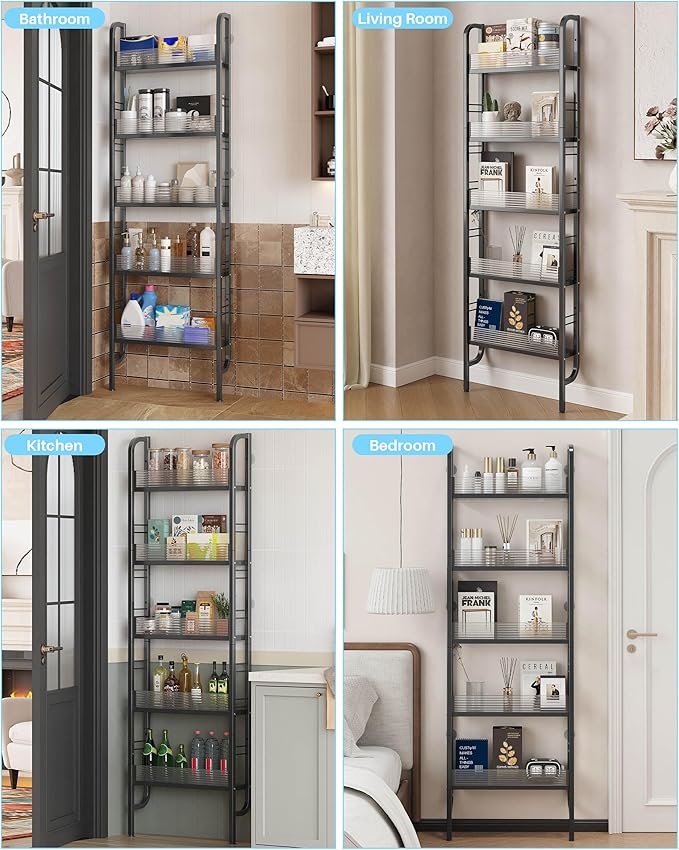 UMDONX Behind The Door Bathroom Shelf Narrow 5-Tier, Slim Space-Saving Storage Shelf, Freestanding Narrow Shelving Unit for Bathroom, Kitchen, Closet and Laundry Room Black