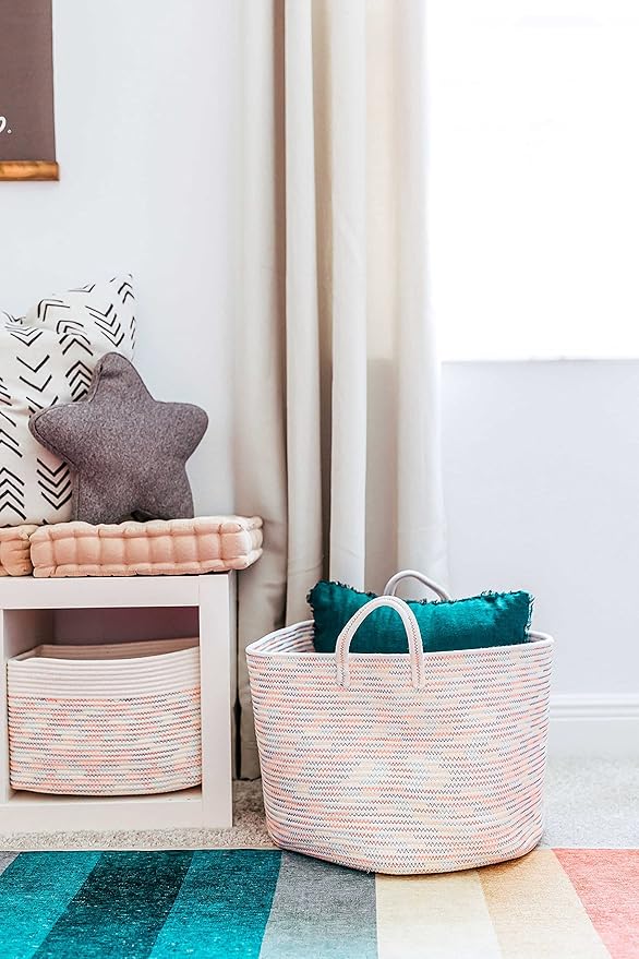 OrganiHaus Large Woven Storage Basket for Blankets and Toys 20" x 13" Inch, Rope Laundry Basket with Handles, Cushions & Pillows Storage Bin, Nursery Hamper, Soft Round Dog Toy Bin - Rainbow Stitches