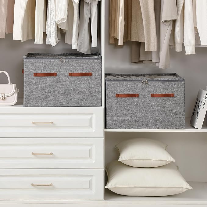 Shoe Organizer for Closet, Foldable Large Shoe Storage Bins with Clear Cover, Removable Partitions and Bottom are Supported by Plastic Boards (Grey, 20.5“Lx16.9 Wx13'H)