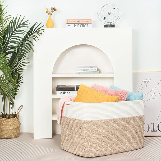 MINTWOOD Design 112L Extra Large Blanket Basket Holder Living Room, 25"x17"x16" Rectangle Rope Woven Storage Basket with Handles for Laundry, Pool Towels, Shoes, Dog Toy Organizer Bin Box, Light Brown
