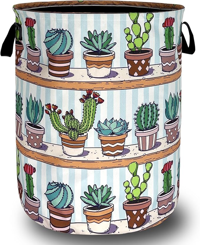 Cute Cactus Laundry Basket Tropical Cactus Flower Hamper Foldable Oxford Cloth Green Plants Colorful Tote Bag Clothes Toy Storage Bucket For Bathroom/Laundry Storage/Bedroom 18.9 x 16.5 Inch