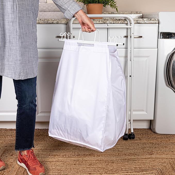 Household Essentials Rolling Laundry Hamper, Heavy Duty Canvas Bag, 2 Load Capacity, Foldable Frame, White Bag with Velcro Fasteners, White