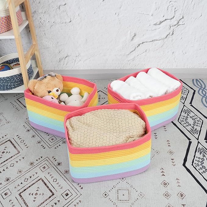 3-Pack Rainbow Storage Baskets 15X10X9.3“ – Woven Toy Organizer Bins for Kids, Baby Room, Nursery, and Classroom – Cute Square Rope Baskets for Shelves and Organization Rainbow