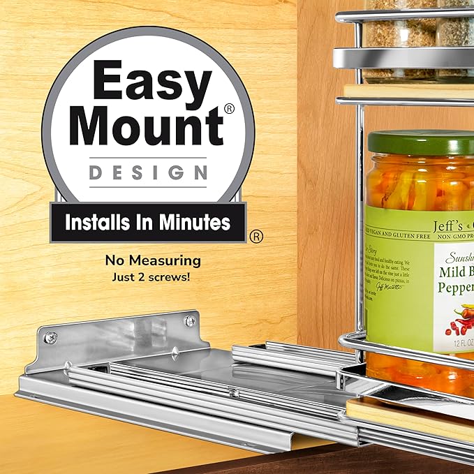LYNK PROFESSIONAL® Élite™ Pull Out Spice Rack Organizer for Inside Kitchen Cabinets - 8-3/8 inch Wide - Slide Out Drawer – Wood/Chrome Sliding Spice Organization for cabinet - Spice Racks - 2 Tier